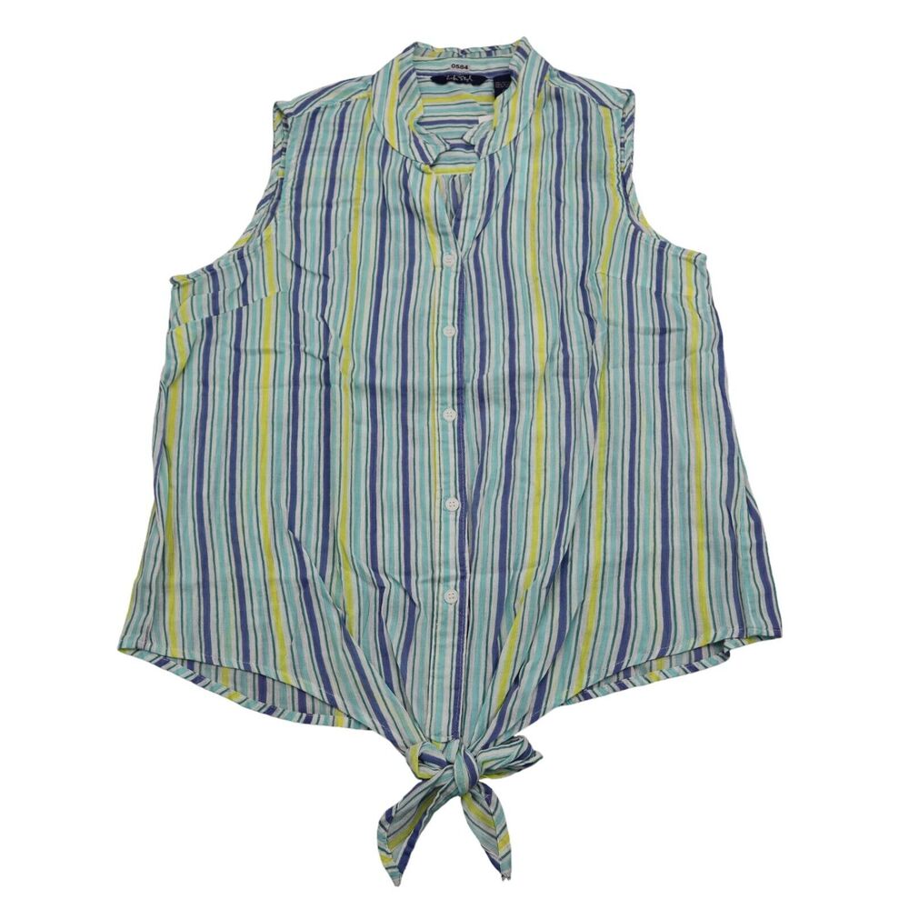 Life Style Shirt Women M Blue Green Stripe Blouse Sleeveless Tie Hem Cotton New